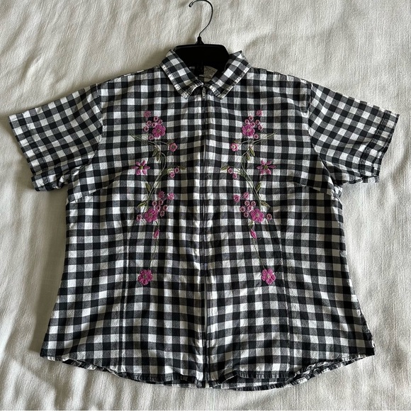 Embroidered Gingham Plaid Womens M Short Sleeve Zip Top Cottagecore Grannycore - Picture 3 of 8